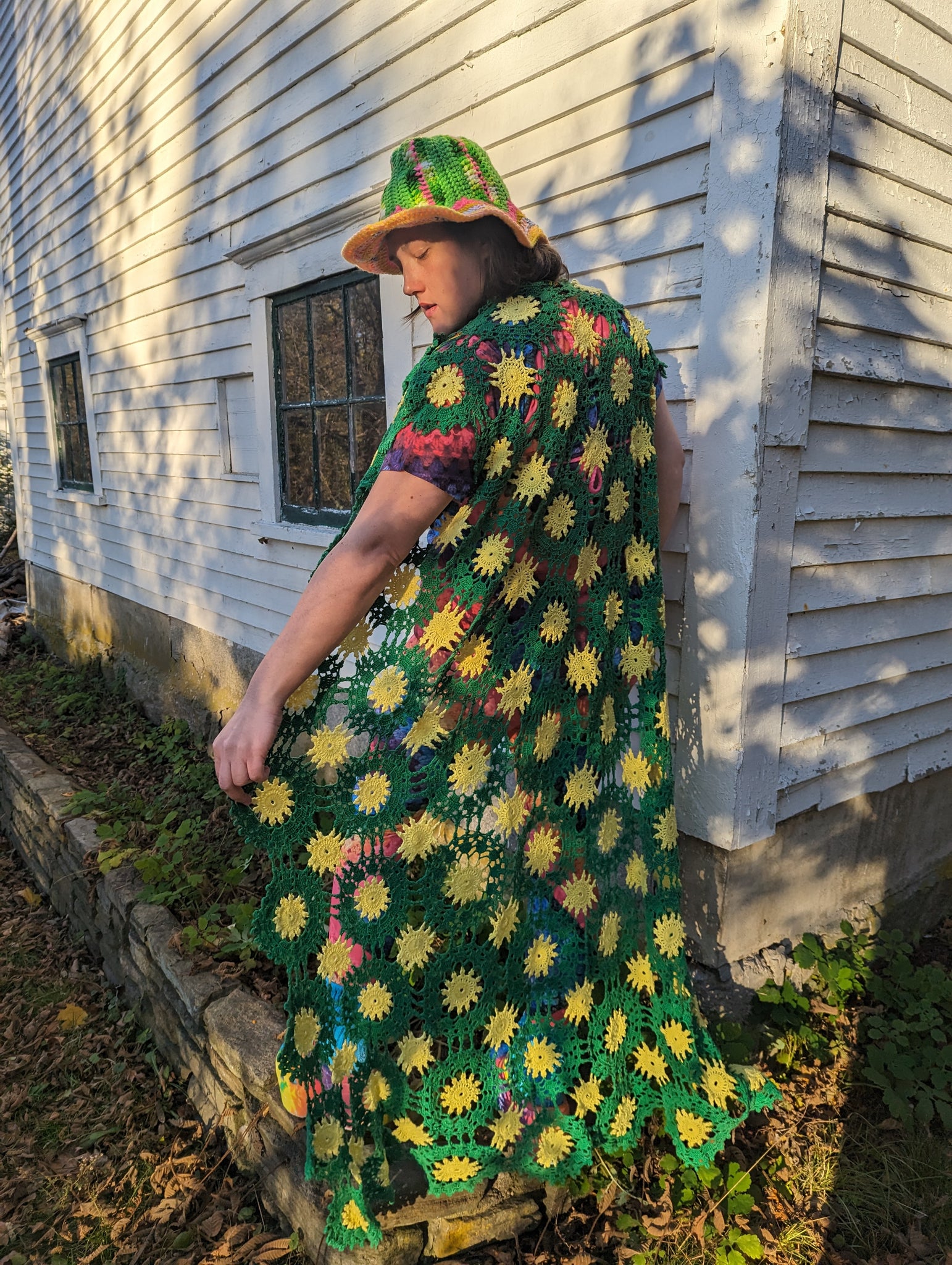 NEW: Green & Yellow stringwork Crochet duster/vest, Large-xl