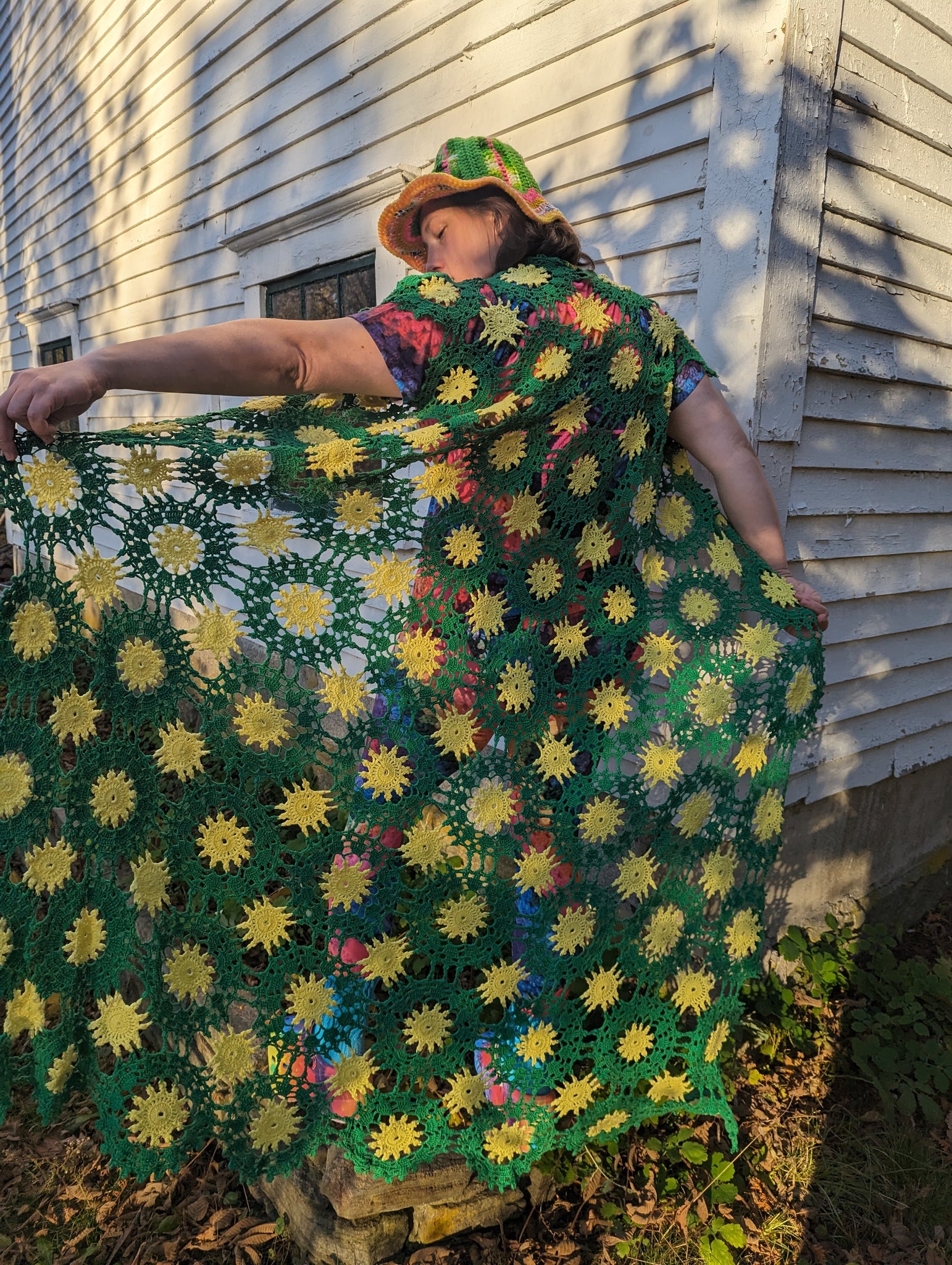 NEW: Green & Yellow stringwork Crochet duster/vest, Large-xl