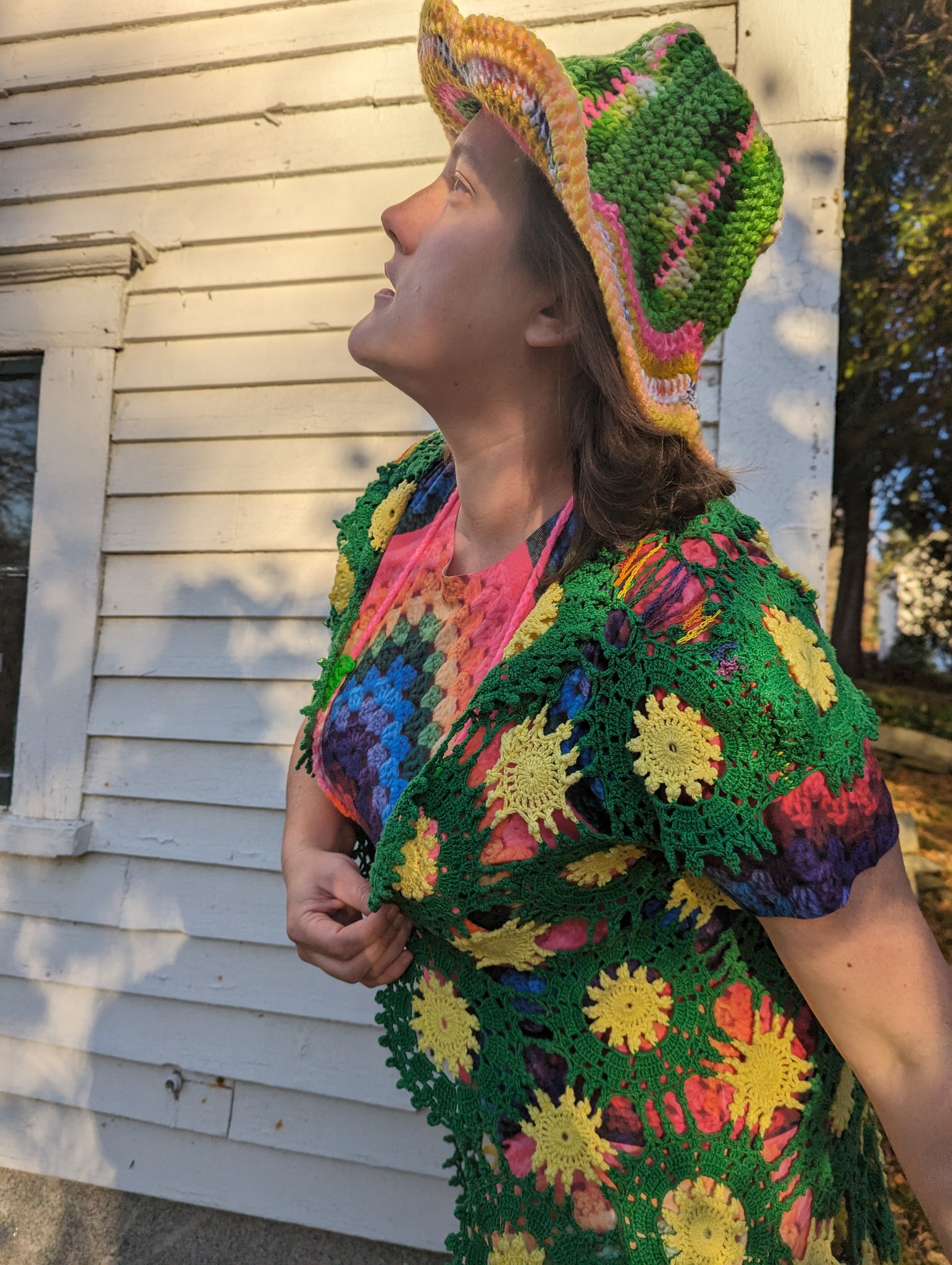 NEW: Green & Yellow stringwork Crochet duster/vest, Large-xl