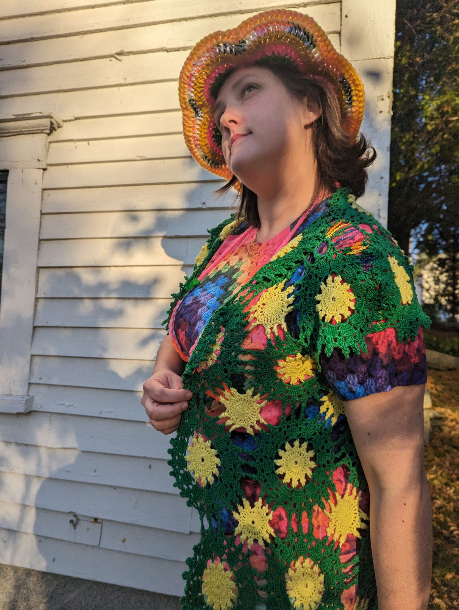 NEW: Green & Yellow stringwork Crochet duster/vest, Large-xl