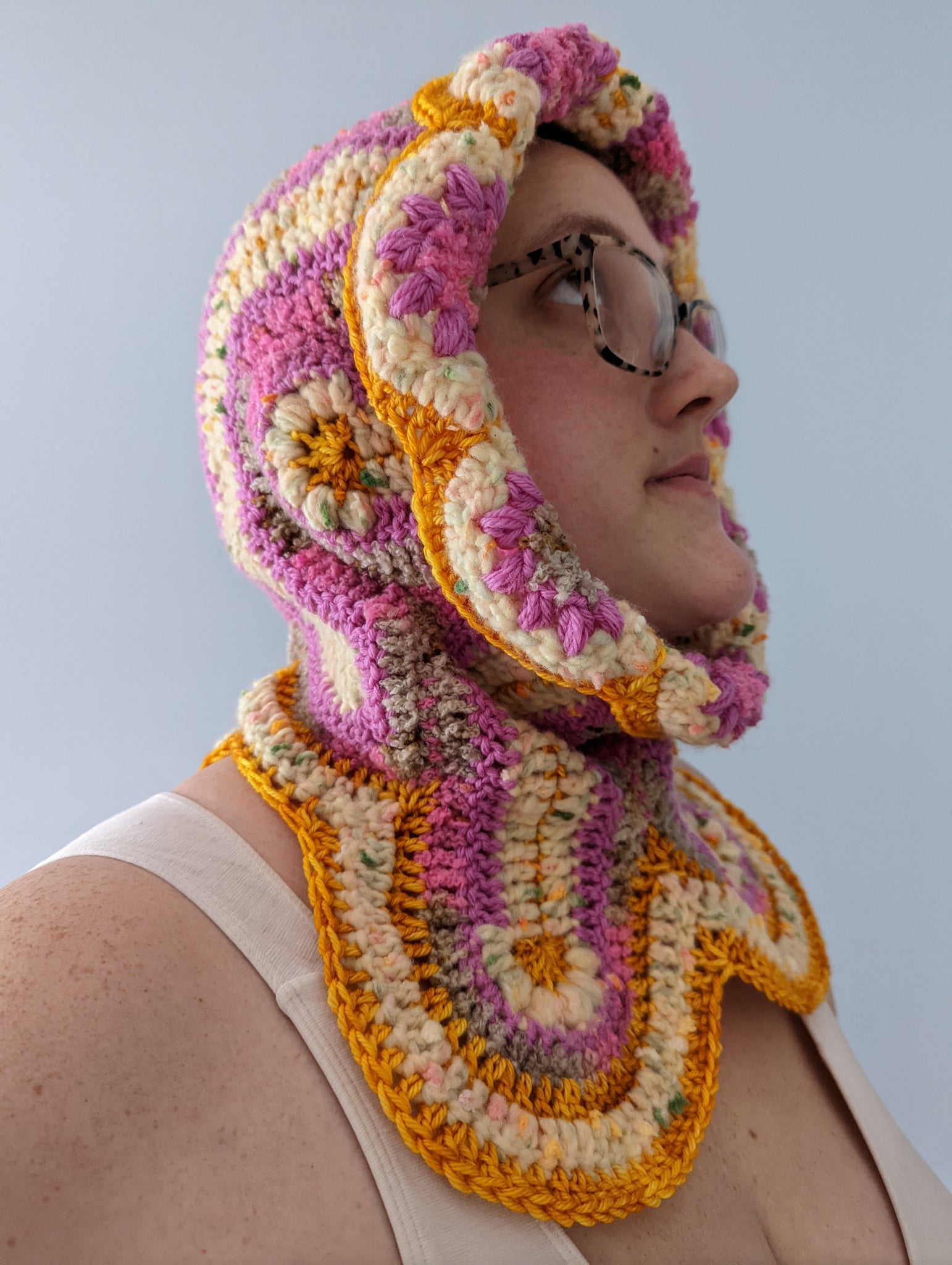 Handmade Daisy Hood: Warm Fuchsia, Ivory Speckle, Gold