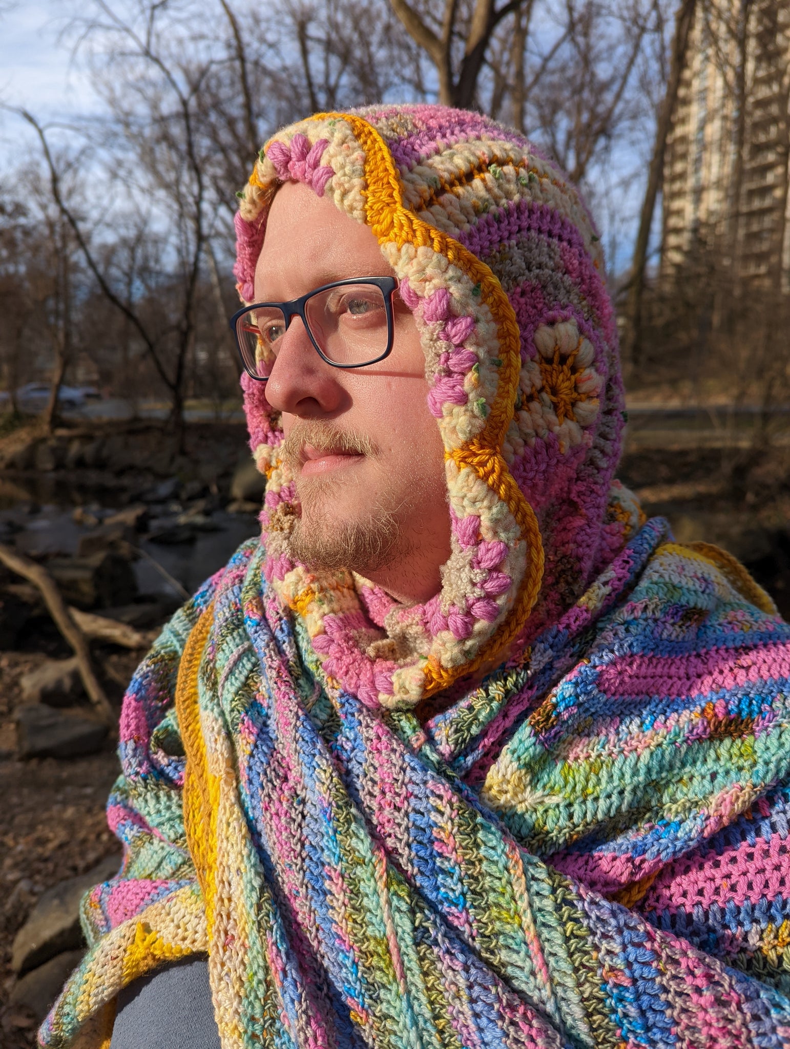 Handmade Daisy Hood: Warm Fuchsia, Ivory Speckle, Gold