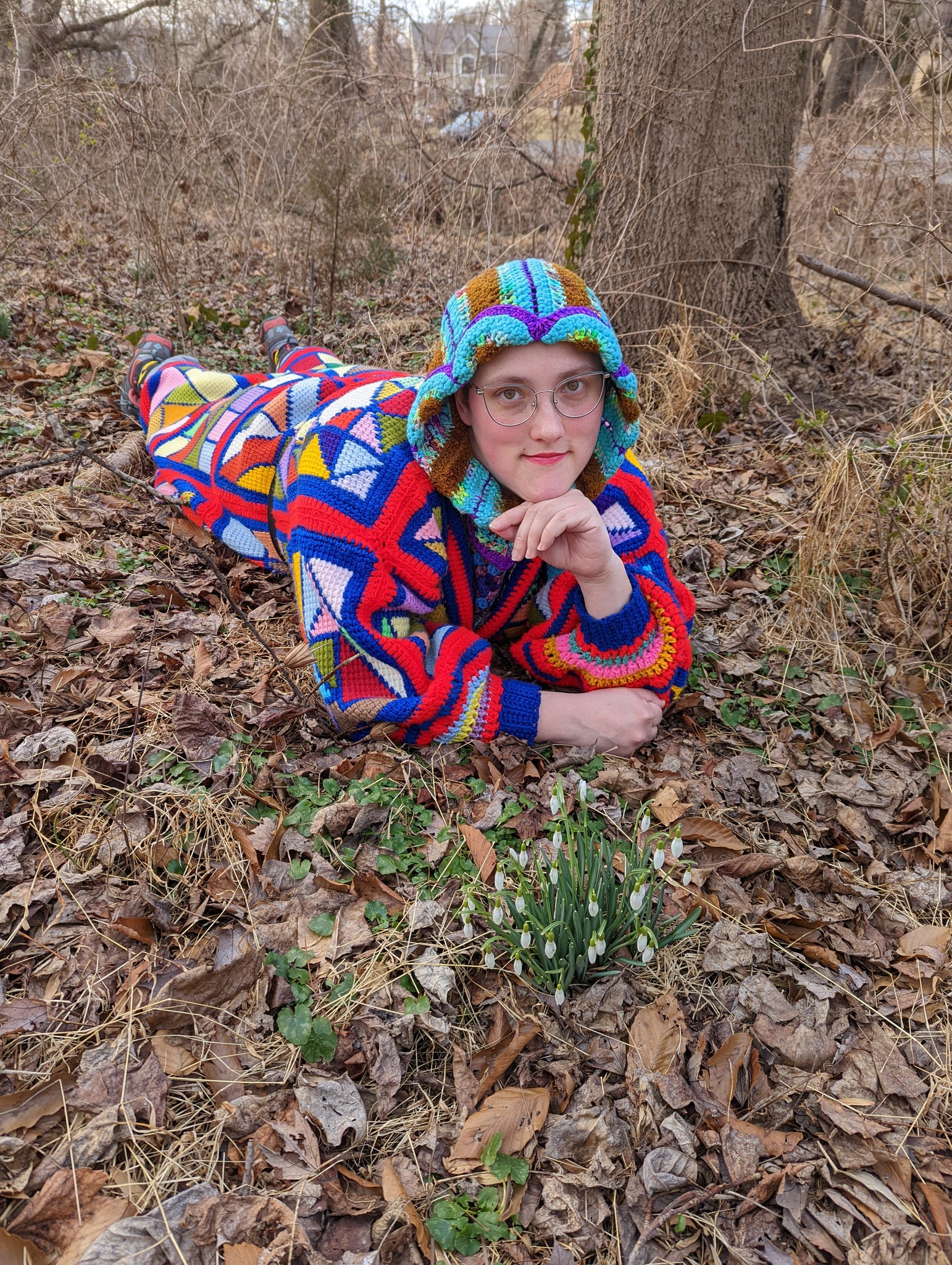 Handmade Daisy Hood: Aqua, Brown, Purple