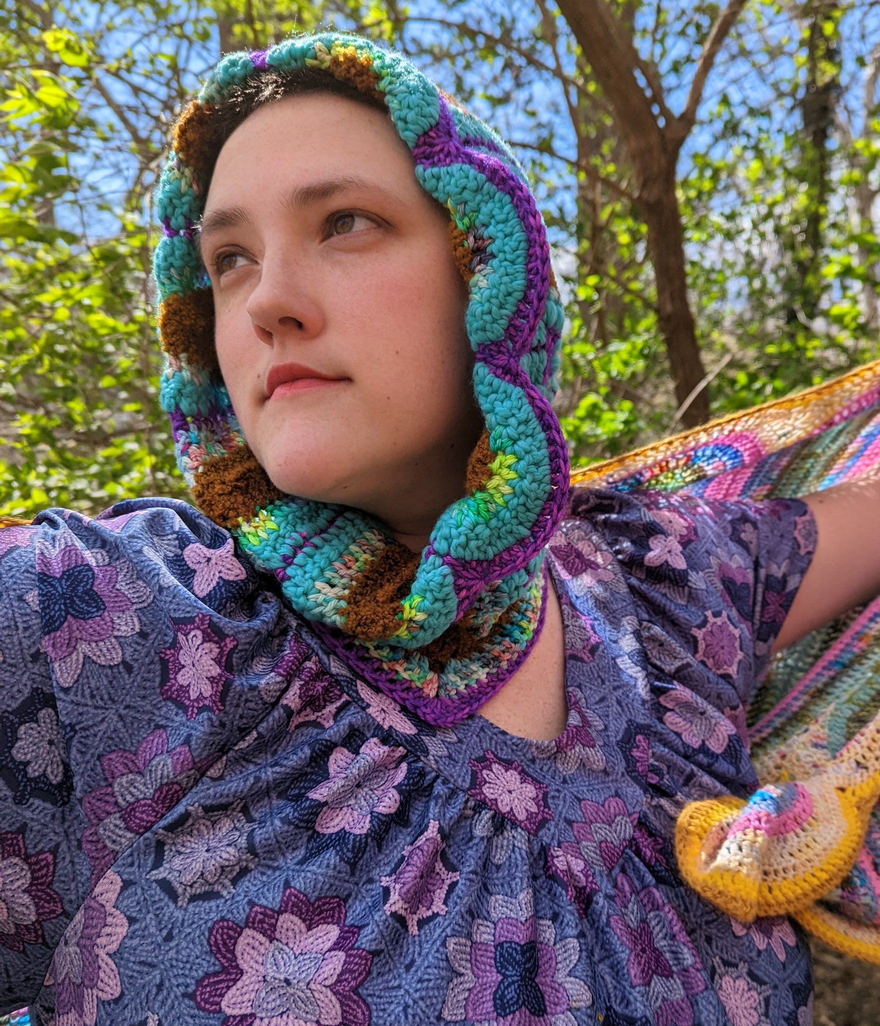 Handmade Daisy Hood: Aqua, Brown, Purple