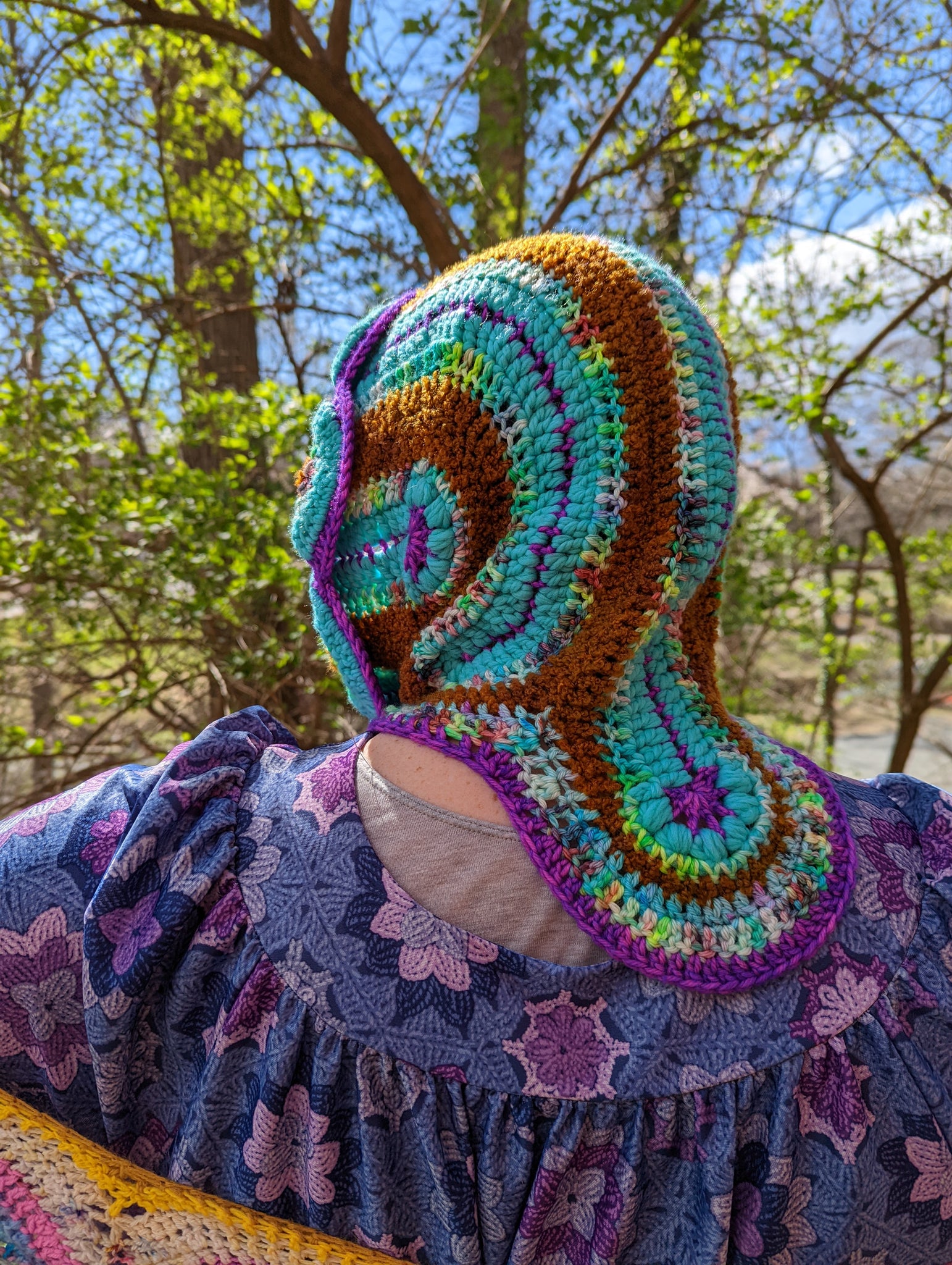 Handmade Daisy Hood: Aqua, Brown, Purple