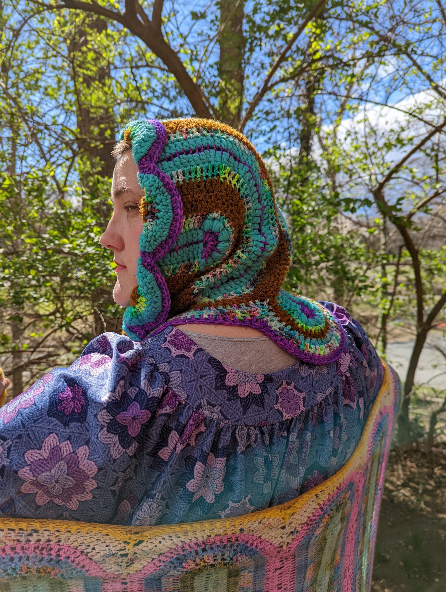 Handmade Daisy Hood: Aqua, Brown, Purple