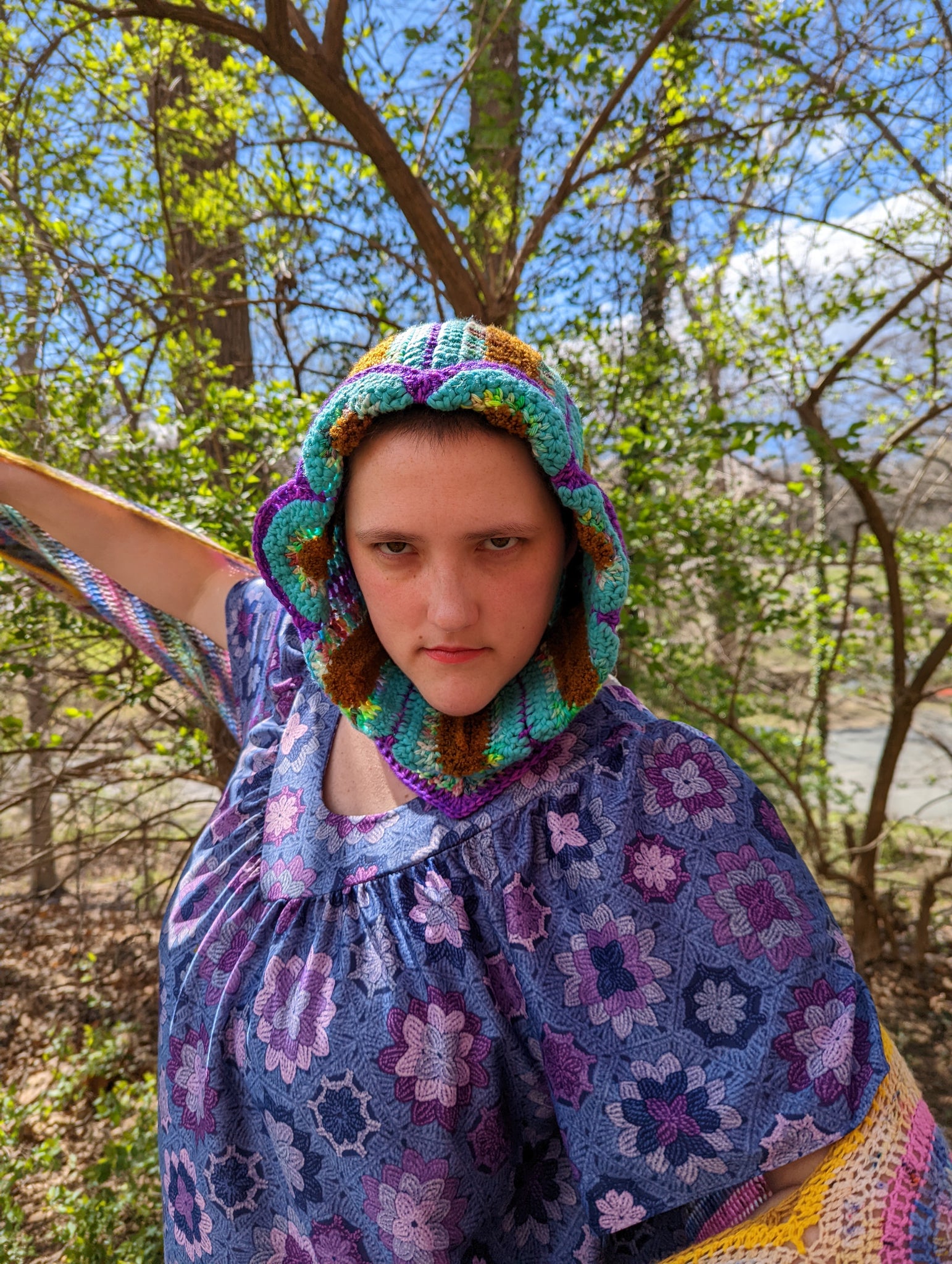 Handmade Daisy Hood: Aqua, Brown, Purple