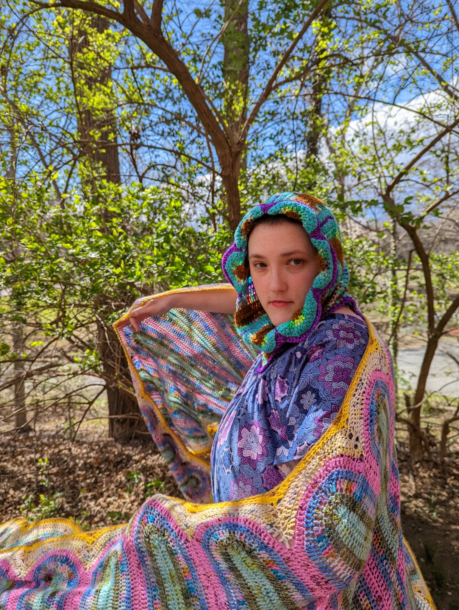 Handmade Daisy Hood: Aqua, Brown, Purple