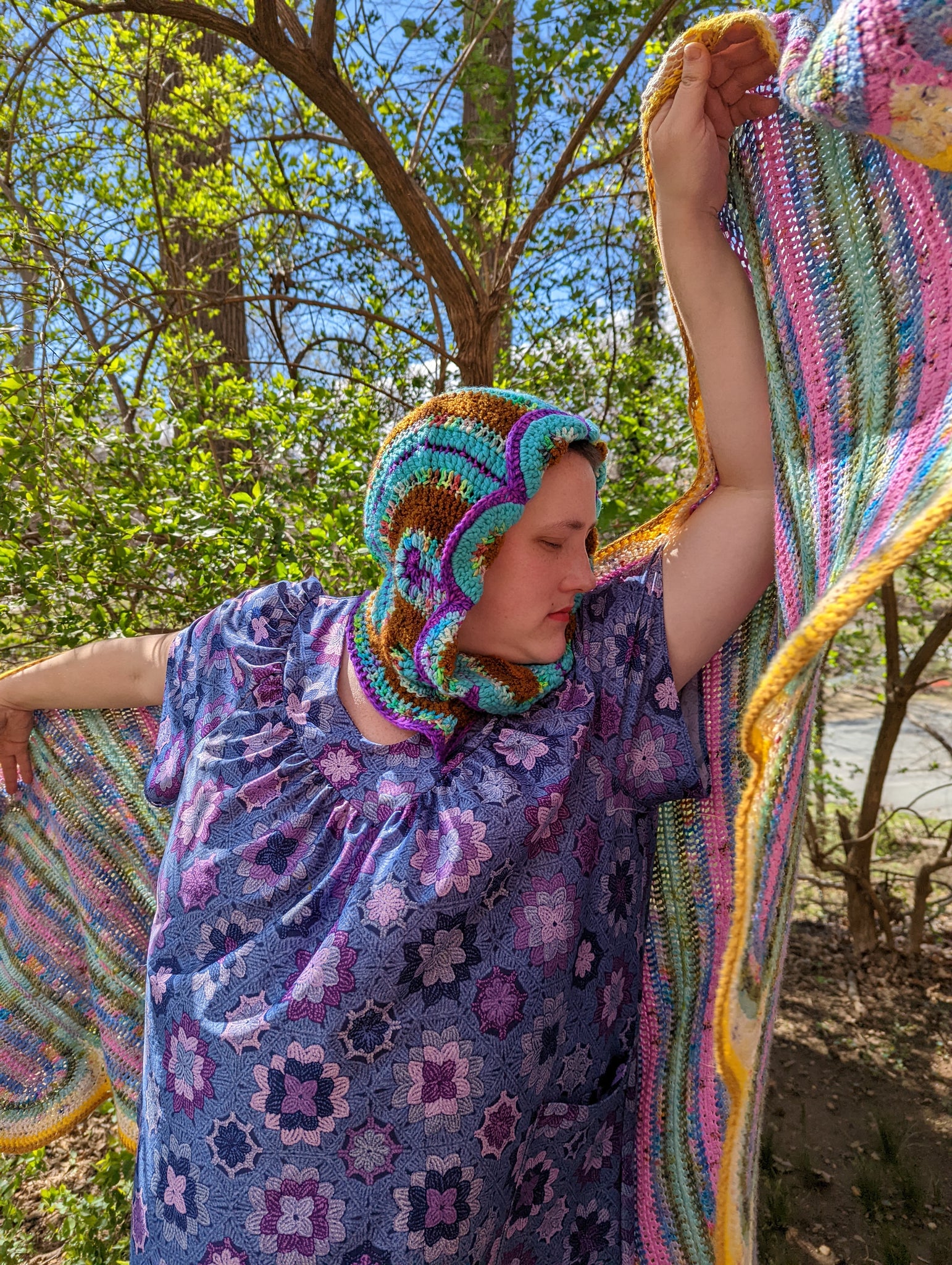 Handmade Daisy Hood: Aqua, Brown, Purple