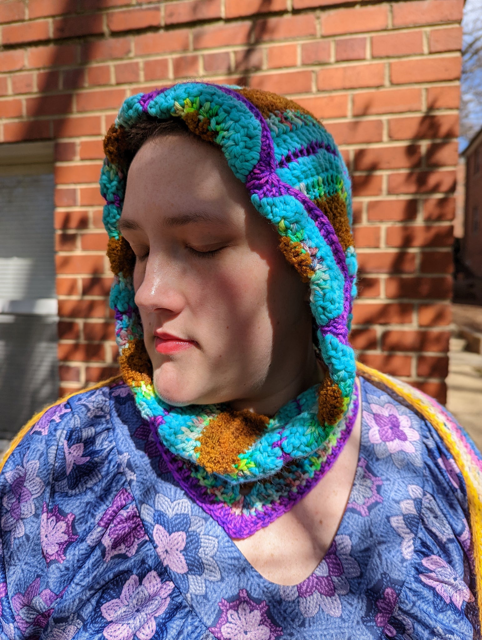 Handmade Daisy Hood: Aqua, Brown, Purple