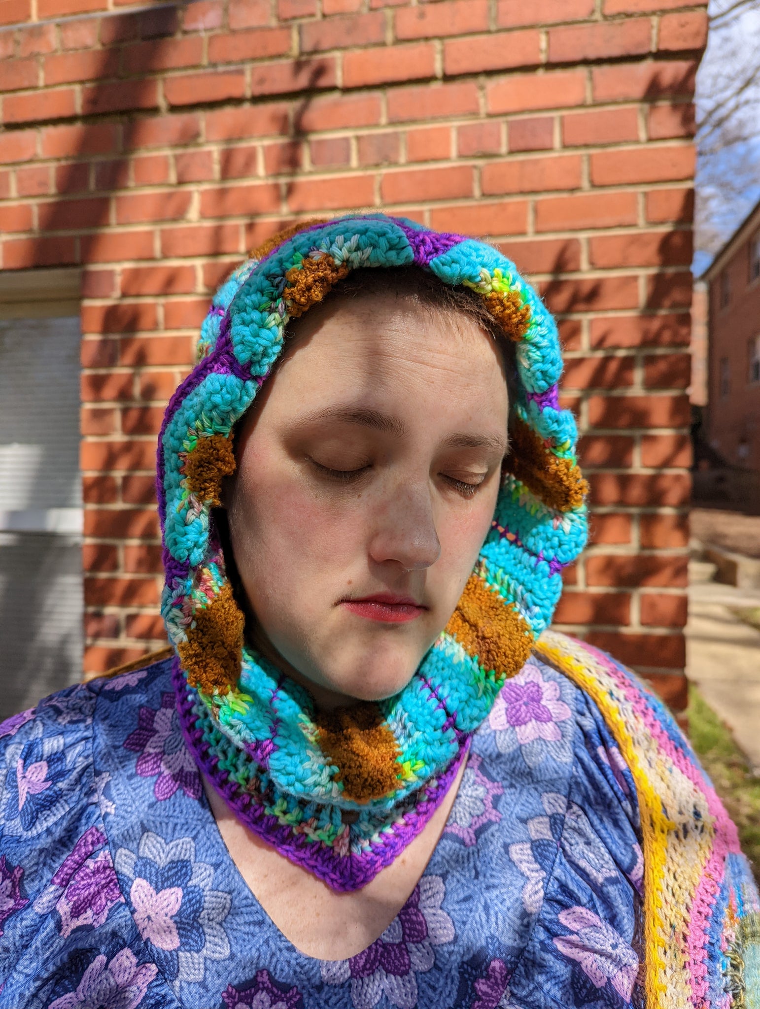 Handmade Daisy Hood: Aqua, Brown, Purple