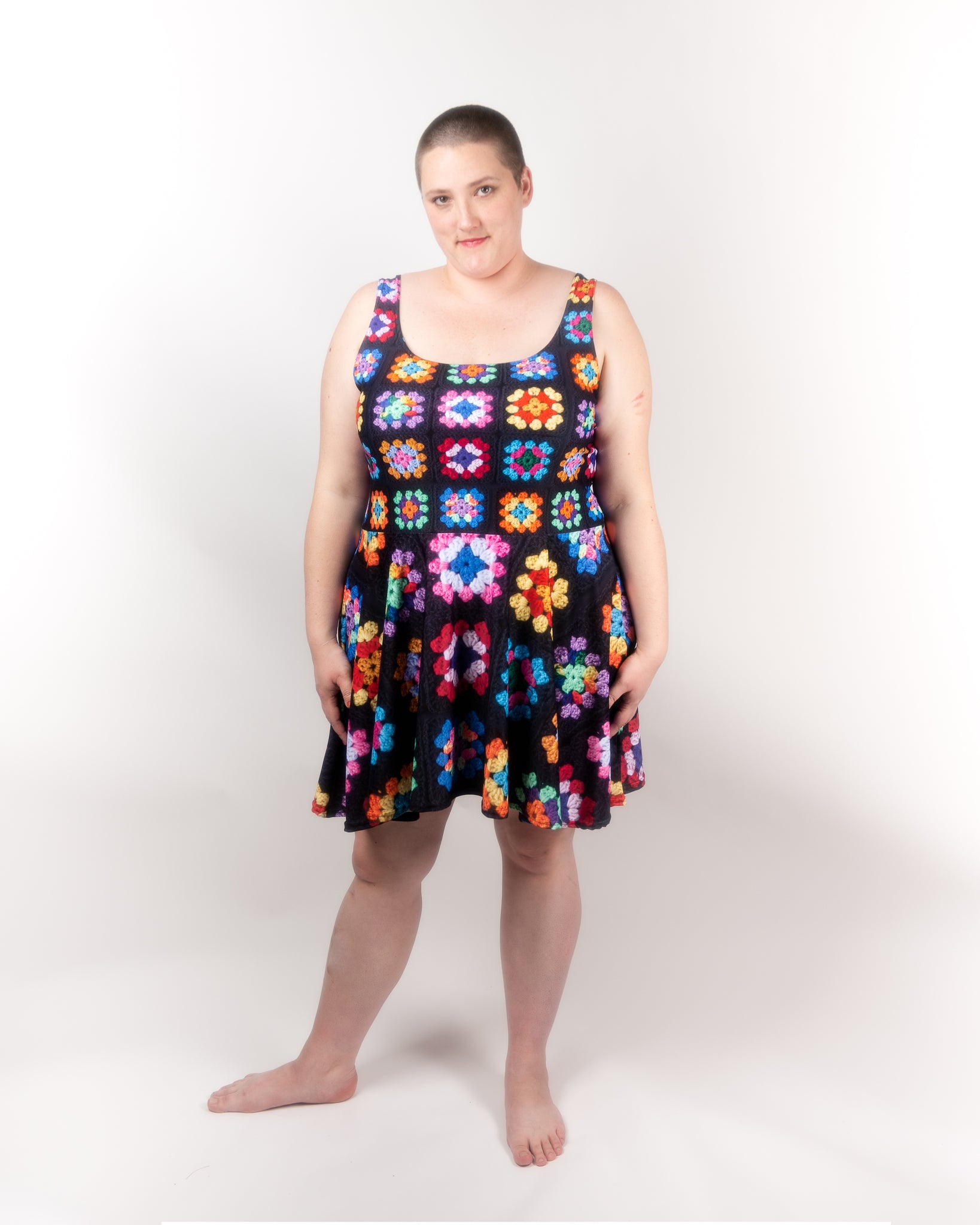 'Kaleidoscope' Classic Granny Square Crochet Print Skater Dress