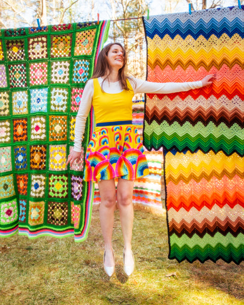 'Vivid Rainbow' Crochet Print Skater Dress Yellow / XL