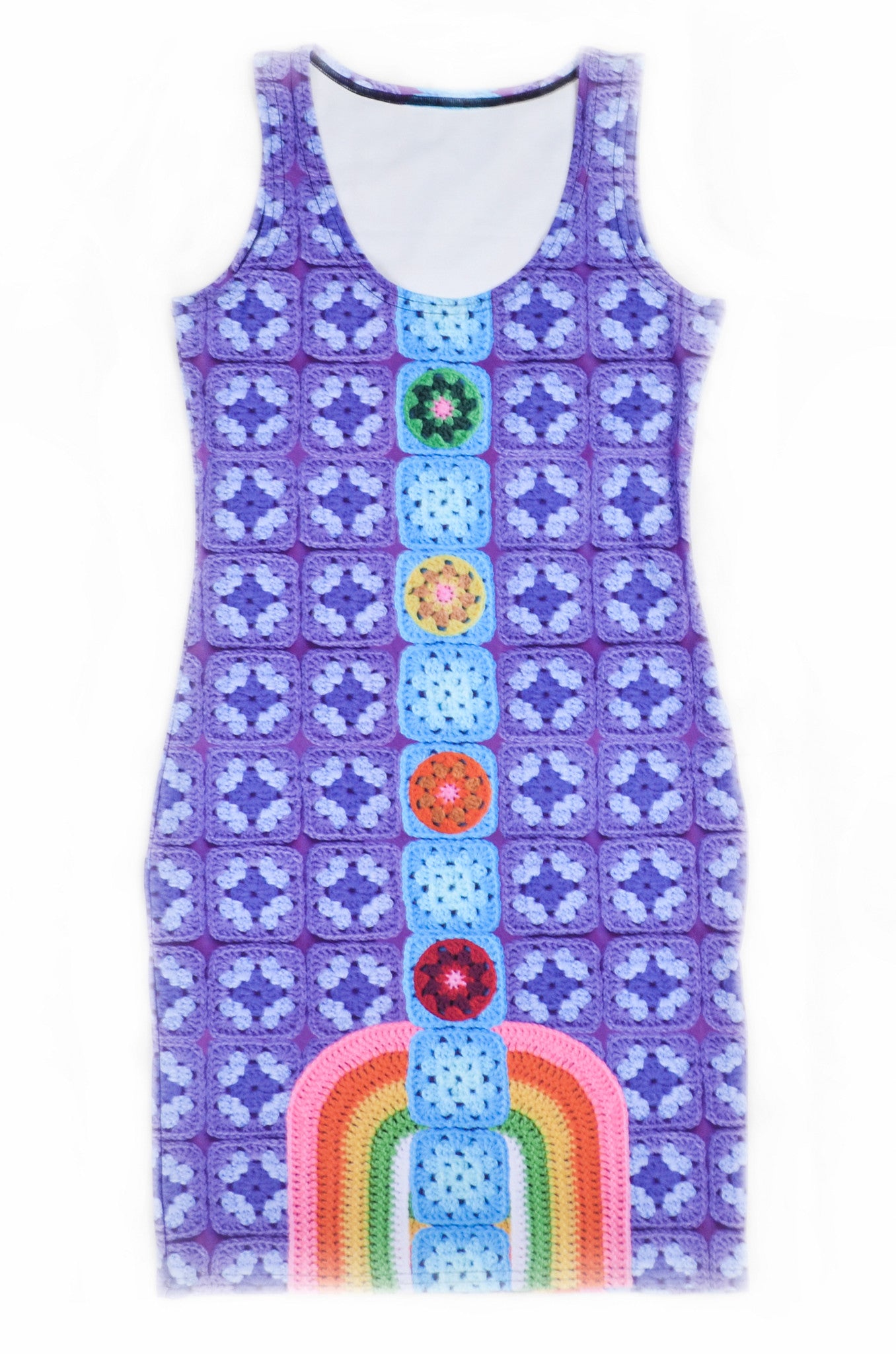 Snapdragon Brand Clothing Granny Square Crochet Print purple dress in style Chakral includes rainbows and four chakra points. Made of comfortable spandex.