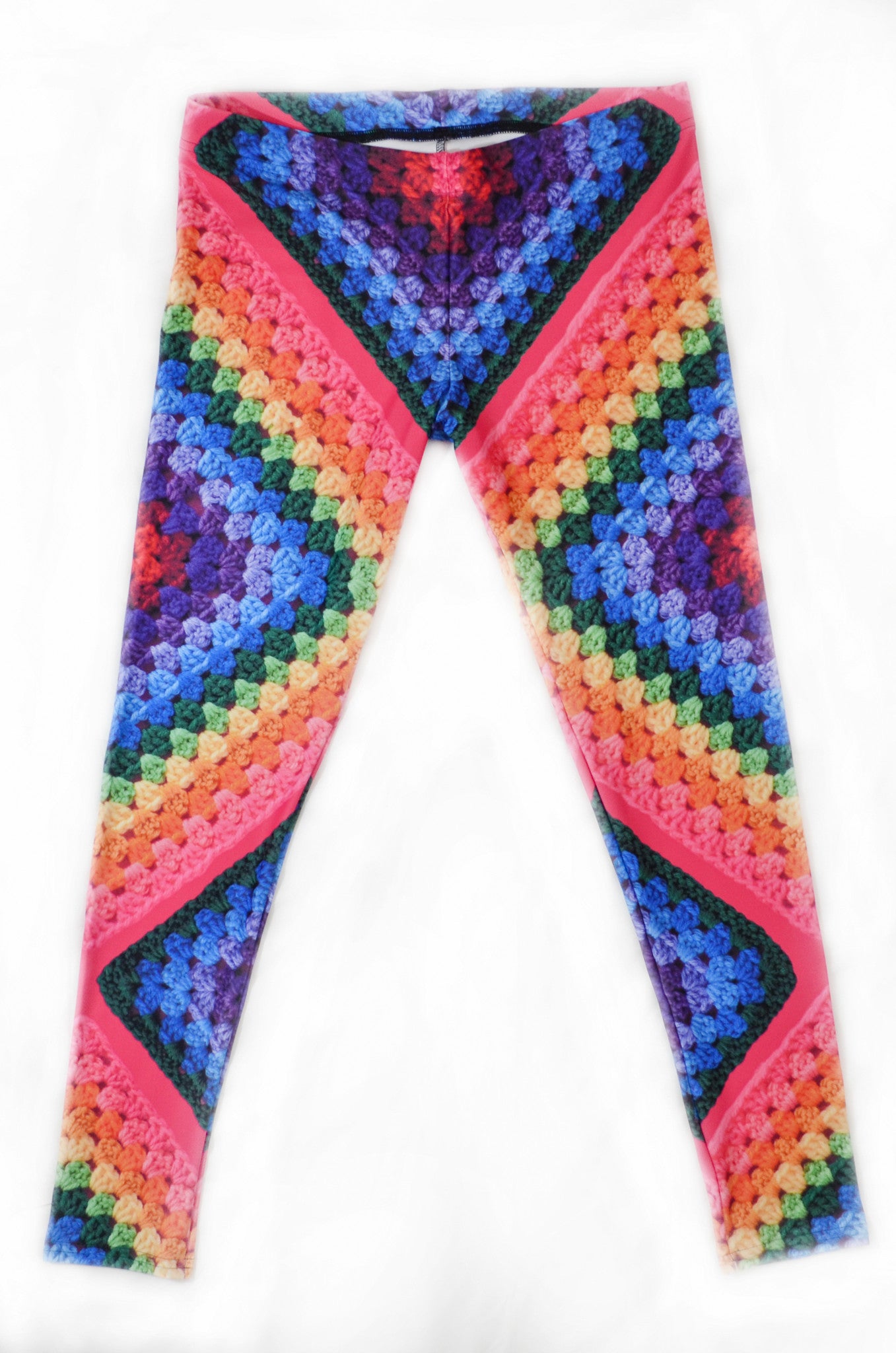 Snapdragon Brand Clothing Granny Square Crochet Print rainbow leggings in style Rainbow Soul features a tie-dye hippie boho feel and a rainbow of colors. Made of comfortable spandex.