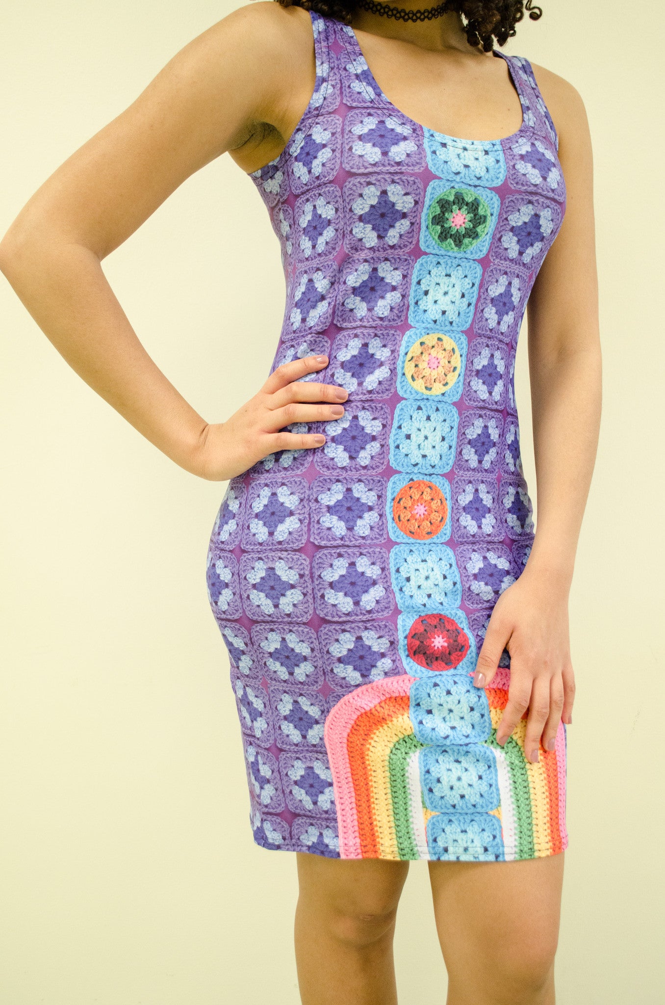 Snapdragon Brand Clothing Granny Square Crochet Print purple dress in style Chakral includes rainbows and four chakra points. Made of comfortable spandex.