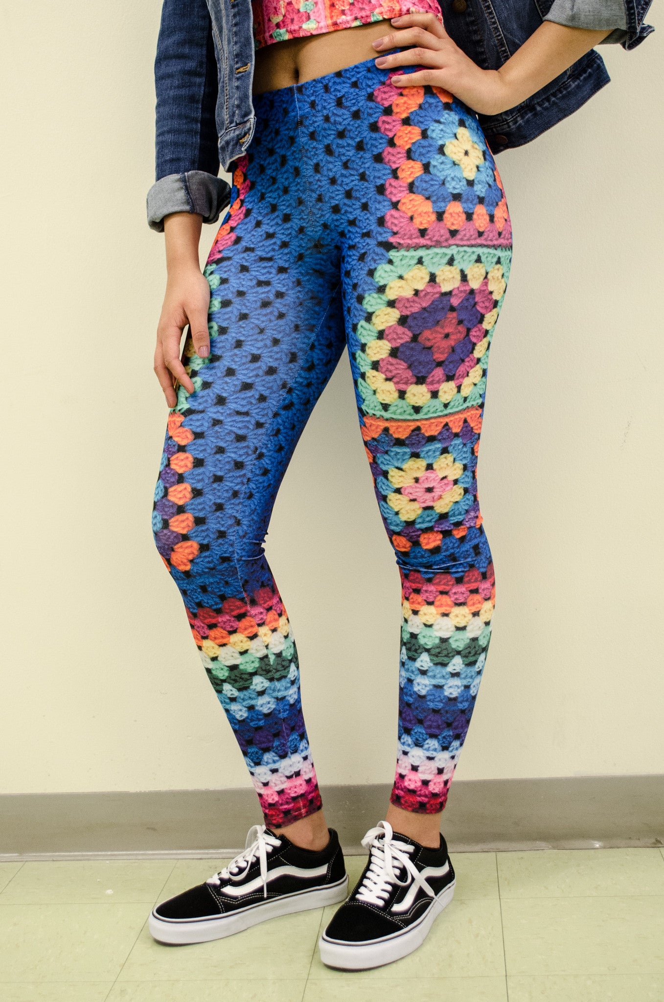 Snapdragon Brand Clothing Granny Square Crochet Print blue leggings in style Beulah feature rainbows and are perfect for festivals. Made of comfortable spandex.