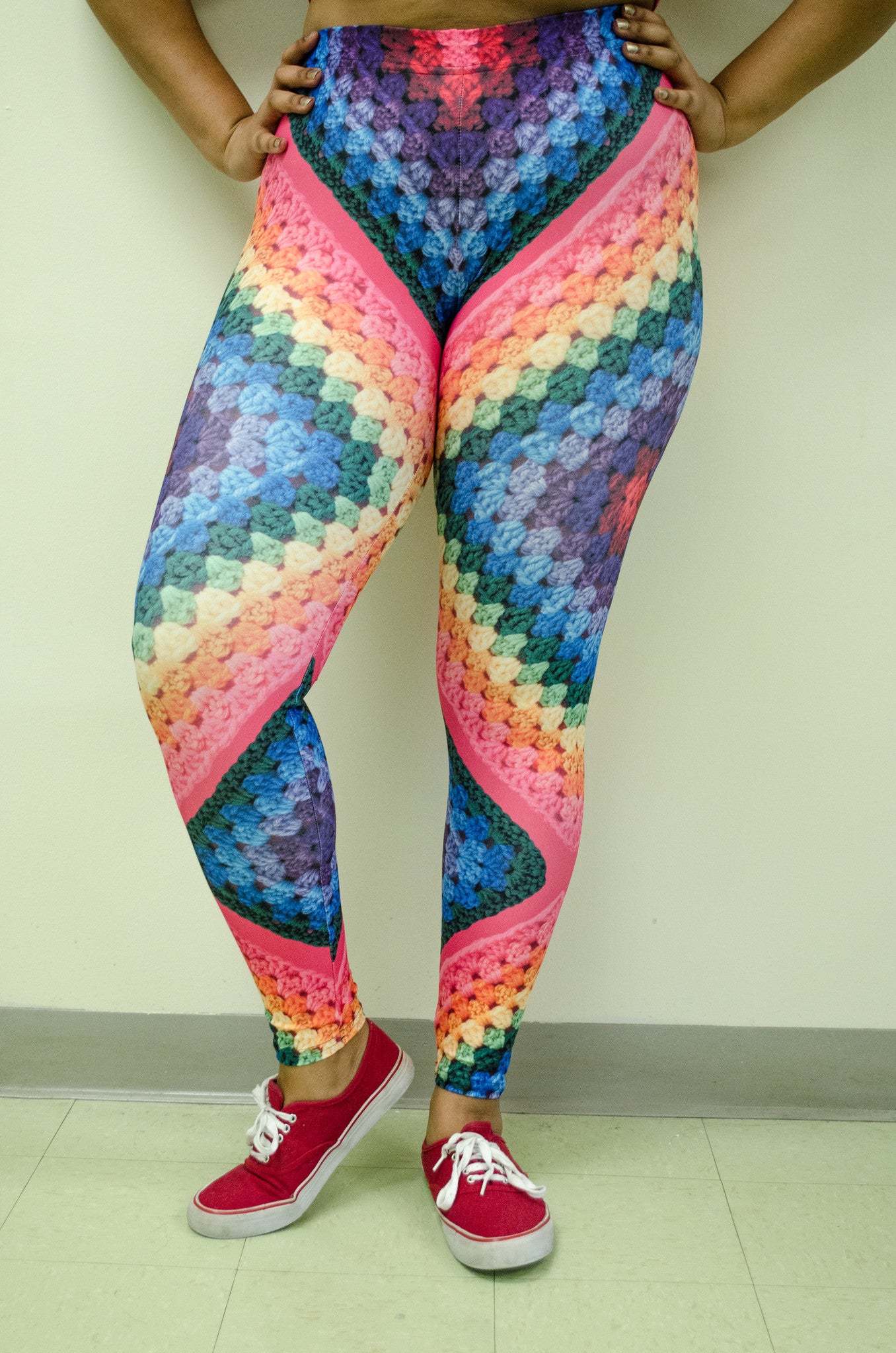 Snapdragon Brand Clothing Granny Square Crochet Print rainbow leggings in style Rainbow Soul features a tie-dye hippie boho feel and a rainbow of colors. Made of comfortable spandex.