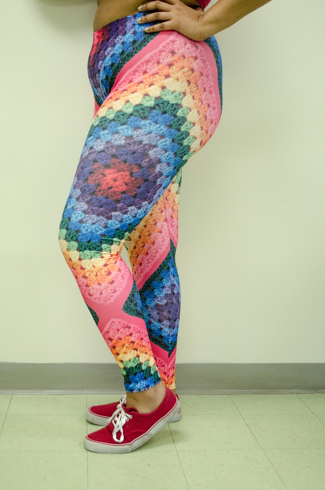 Snapdragon Brand Clothing Granny Square Crochet Print rainbow leggings in style Rainbow Soul features a tie-dye hippie boho feel and a rainbow of colors. Made of comfortable spandex.