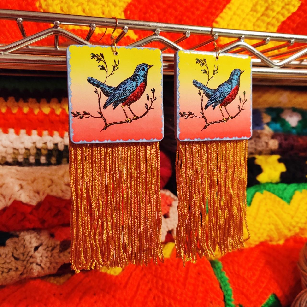 Earrings: Vintage Game Piece w/ Golden Fringe