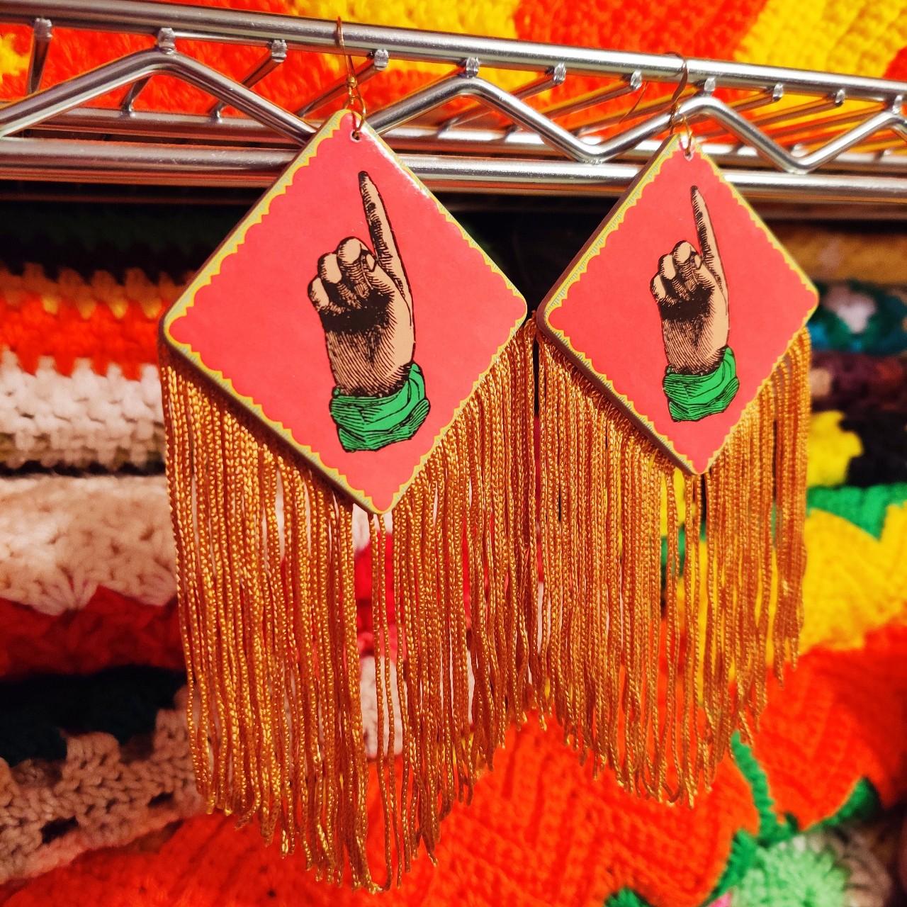 Earrings: Vintage Game Piece w/ Golden Fringe