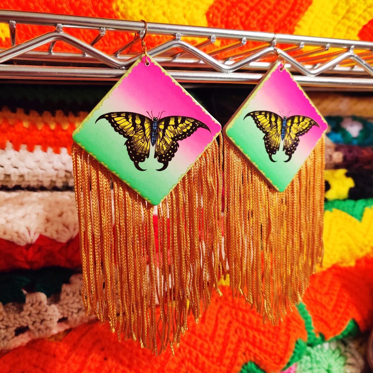 Earrings: Vintage Game Piece w/ Golden Fringe