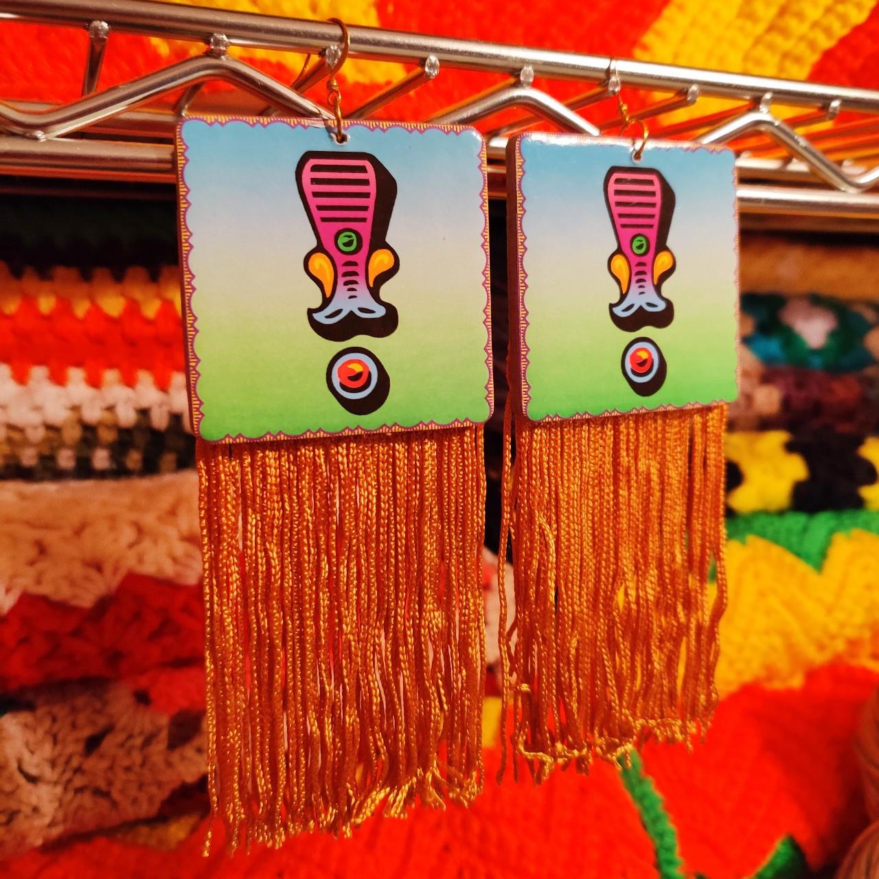 Earrings: Vintage Game Piece w/ Golden Fringe