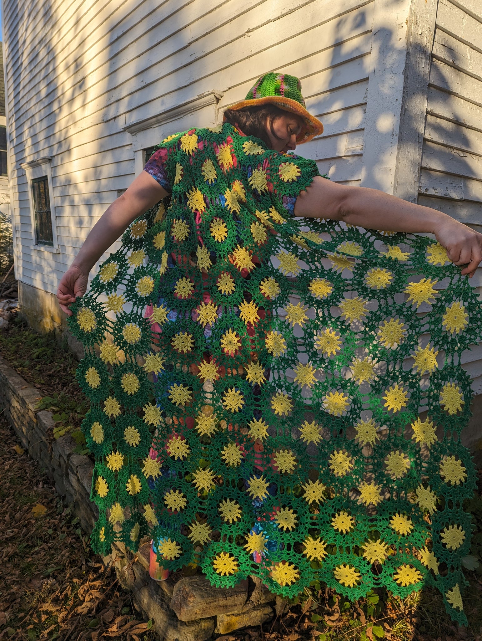 NEW: Green & Yellow stringwork Crochet duster/vest, Large-xl