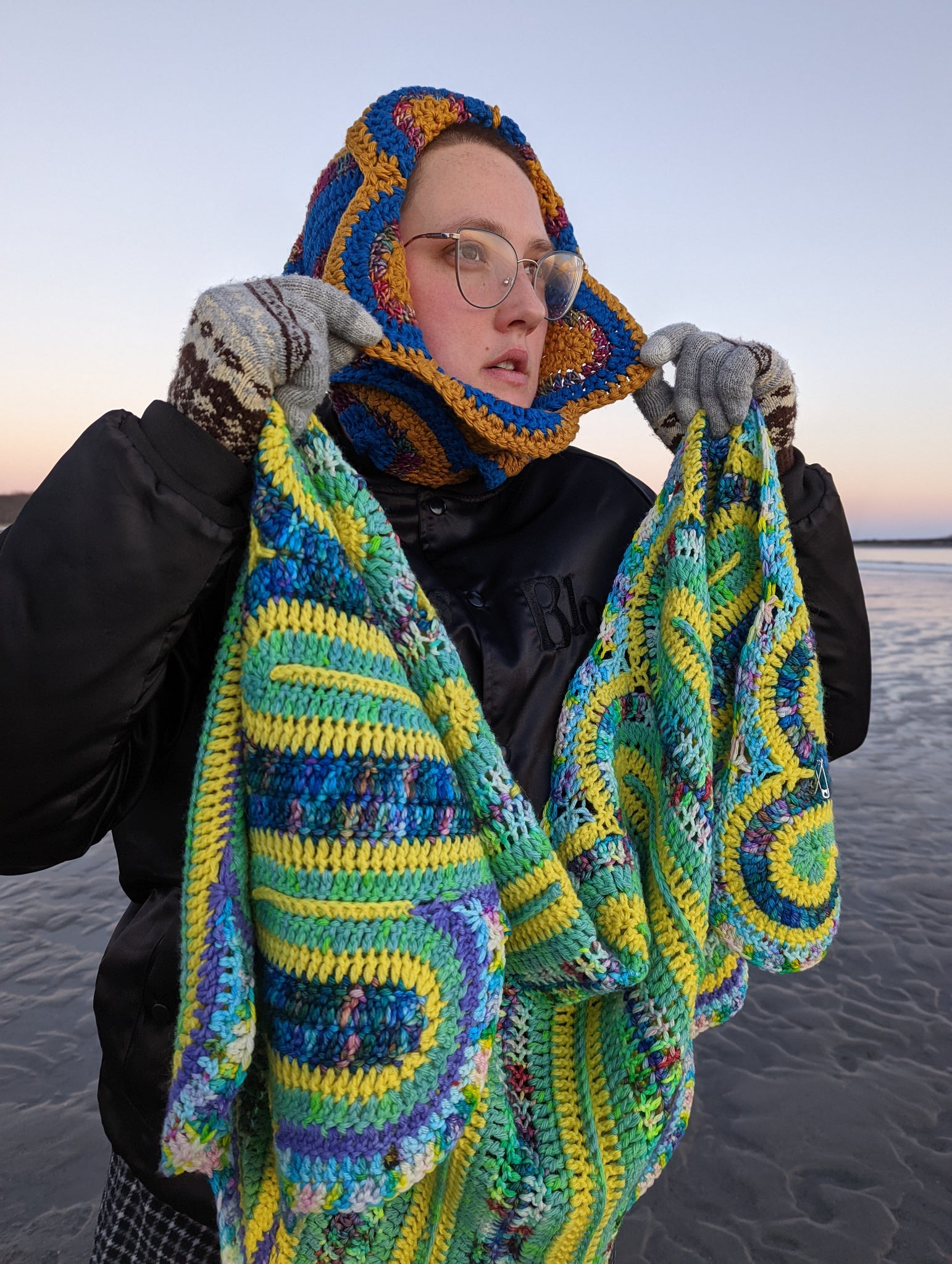 Handmade Ribbon Candy Cowl: Deep Goldenrod, Burgundy Rainbow, Cobalt