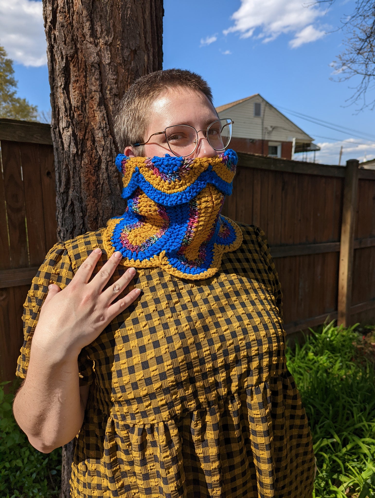 Handmade Ribbon Candy Cowl: Deep Goldenrod, Burgundy Rainbow, Cobalt