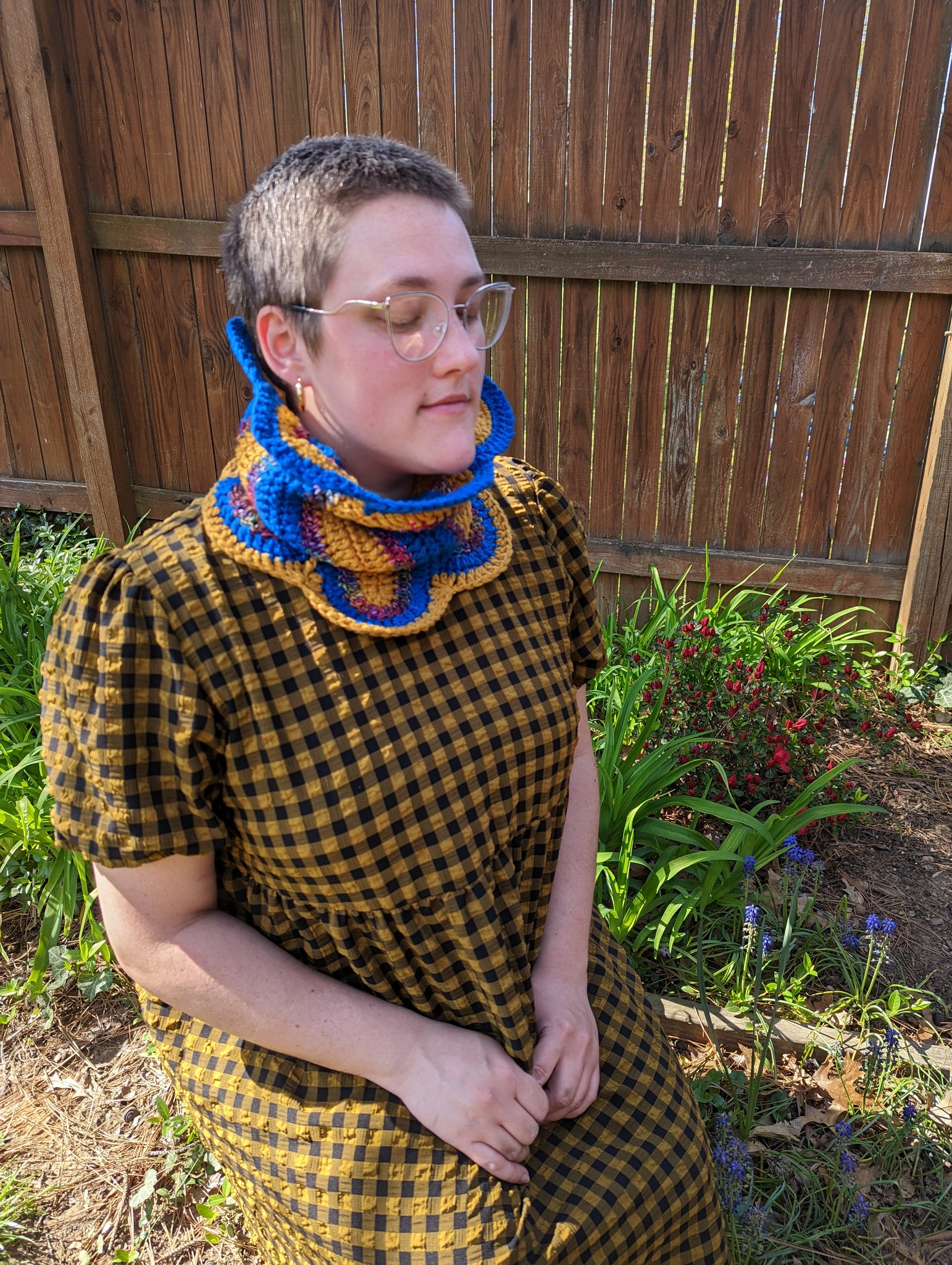 Handmade Ribbon Candy Cowl: Deep Goldenrod, Burgundy Rainbow, Cobalt