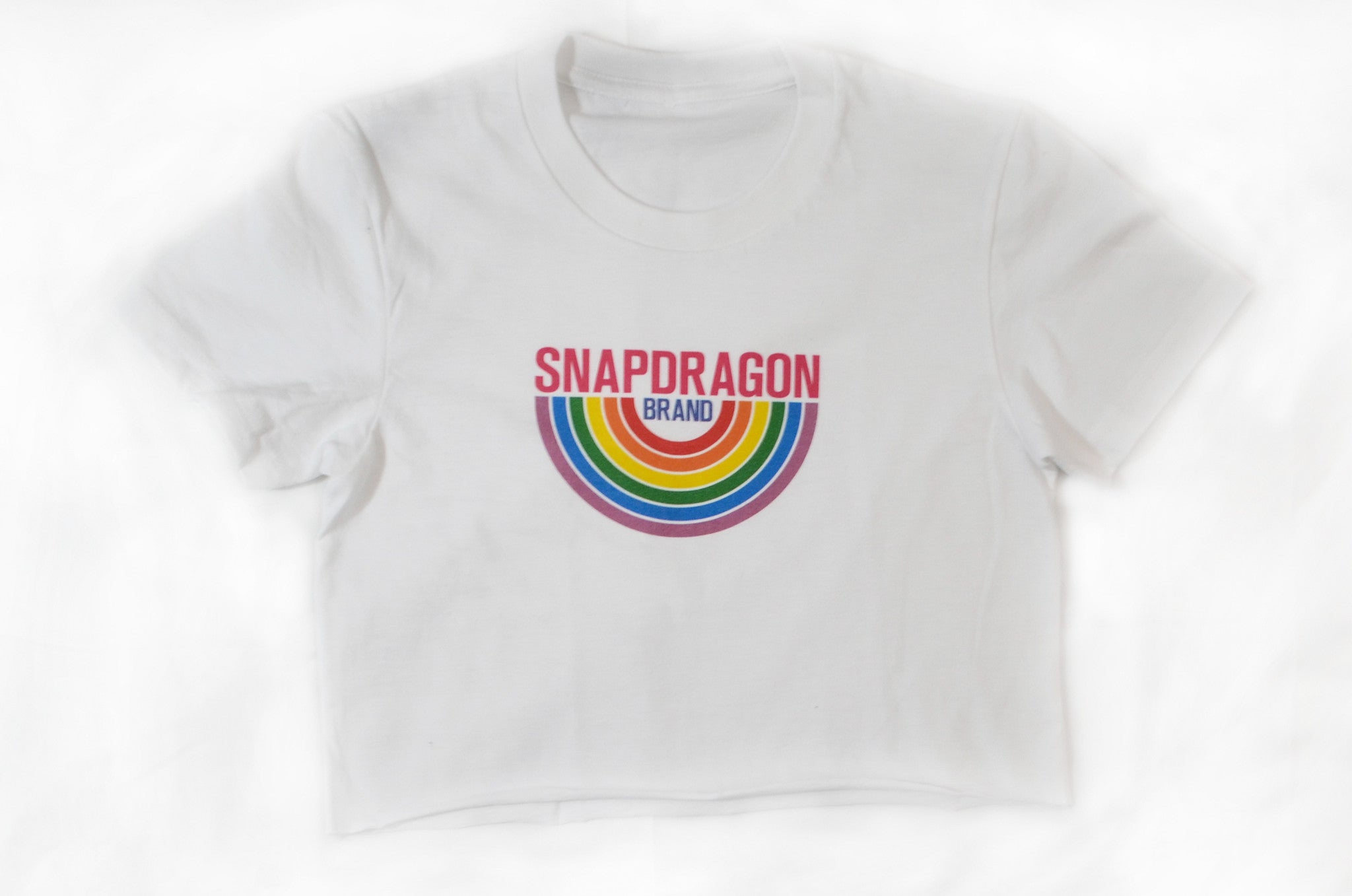 Snapdragon Brand Clothing Granny Square Crochet Print rainbow crop top cropped tee t-shirt in style logo features a vintage psychedelic boho feel and a rainbow of colors. Made of comfortable cotton. lgbt lgbtq lgbtqi