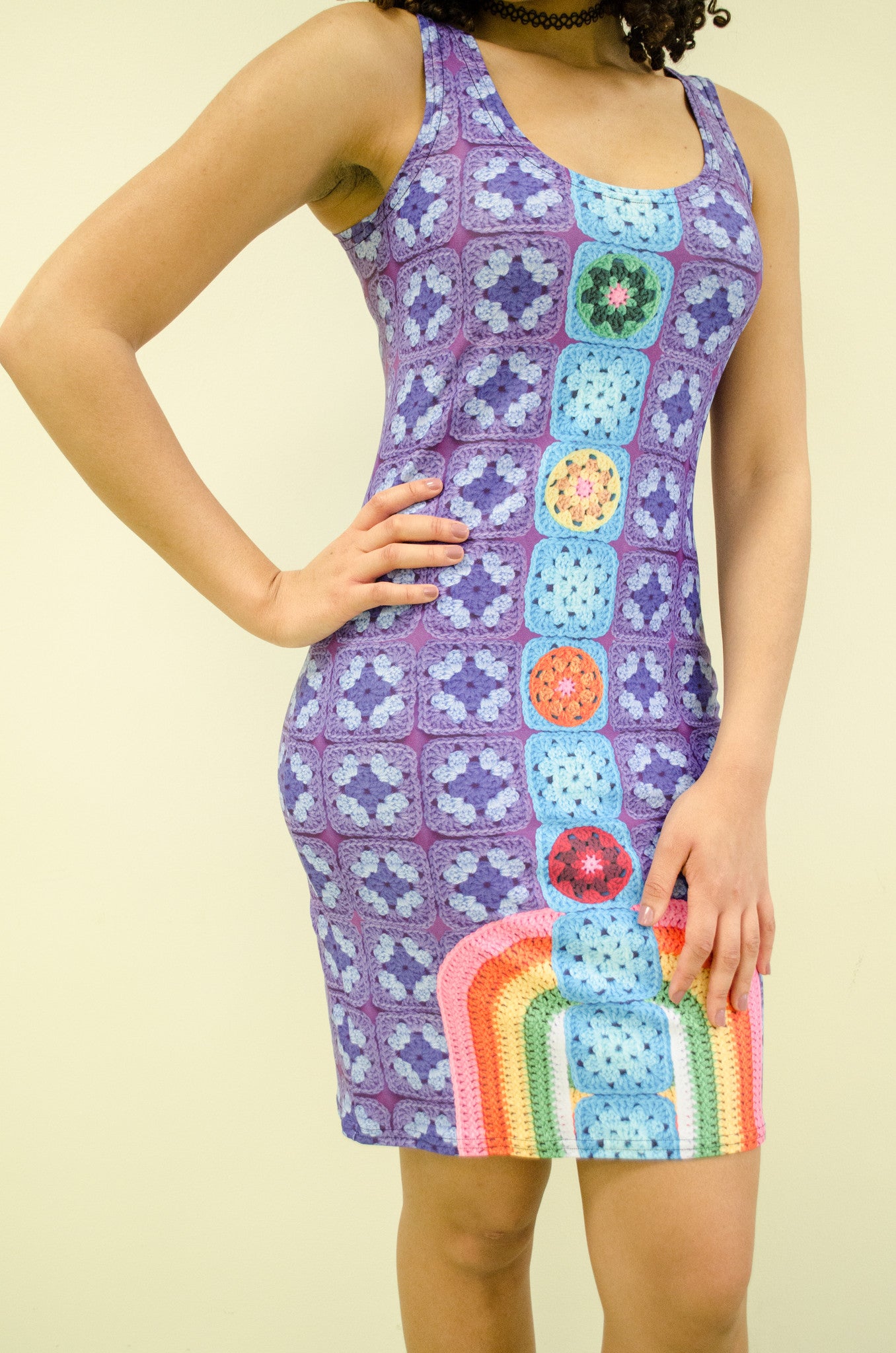 Snapdragon Brand Clothing Granny Square Crochet Print purple dress in style Chakral includes rainbows and four chakra points. Made of comfortable spandex. 