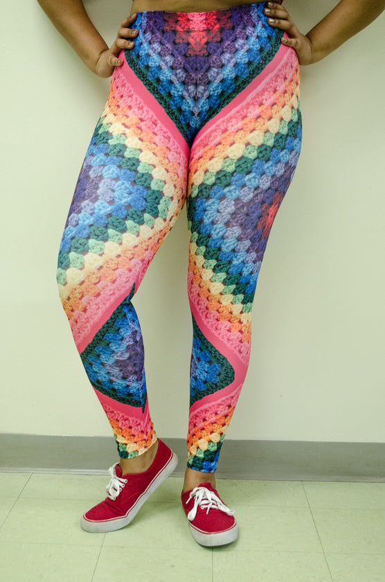 Snapdragon Brand Clothing Granny Square Crochet Print rainbow leggings in style Rainbow Soul features a tie-dye hippie boho feel and a rainbow of colors. Made of comfortable spandex.
