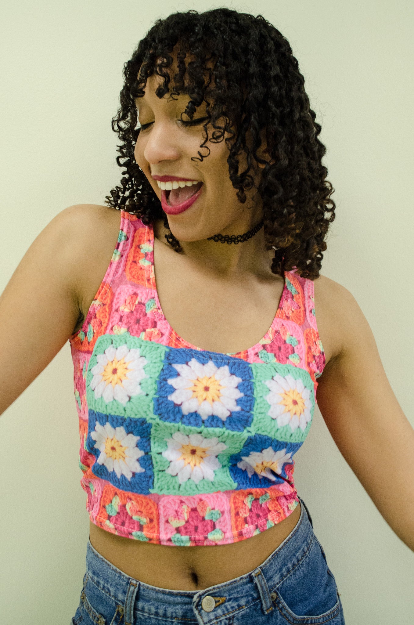 Playa Daisy Smooth Granny Square Crochet Print Crop Top