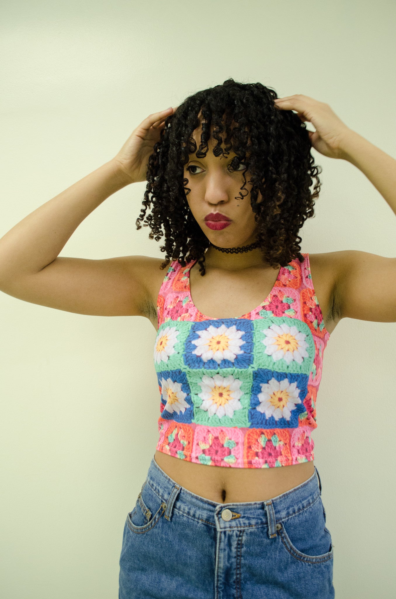 Snapdragon Brand Clothing Granny Square Crochet Print neon crop top cropped sleeveless shirt in style Playa Daisy features a vintage psychedelic boho feel and a rainbow of colors. Made of comfortable spandex. Daisies